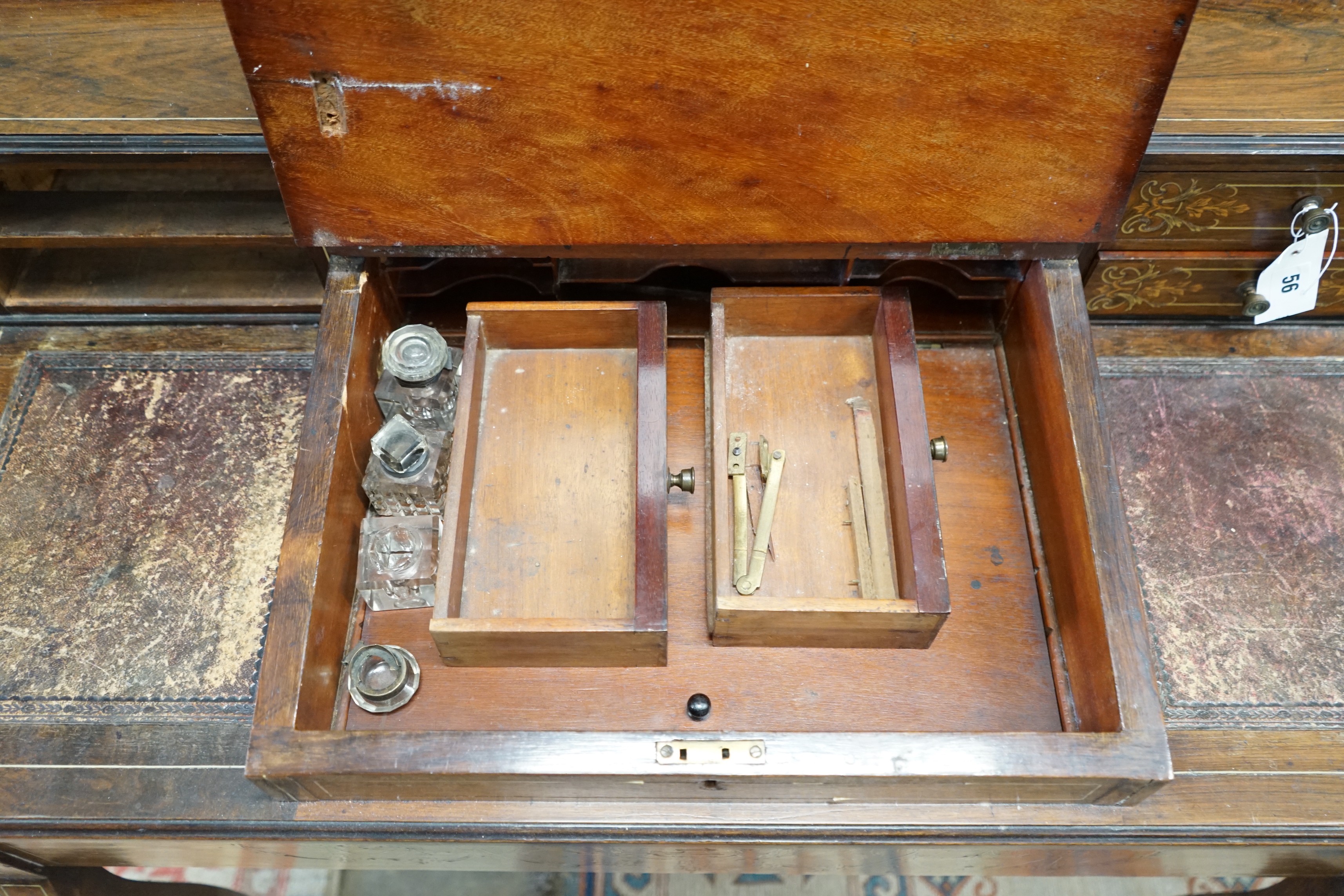 An Edwardian inlaid rosewood writing desk, width 98cm, depth 46cm, height 113cm